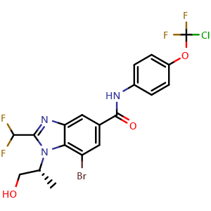 Chemical structure of (R)-7-Bromo-N-[4-(chlorodifluoromethoxy)phenyl]-2-(difluoromethyl)-1-(1-hydroxypropan-2-yl)-1H-benzo[d]imidazole-5-carboxamide , CAS 2412969-27-6, AChemBlock AD280003