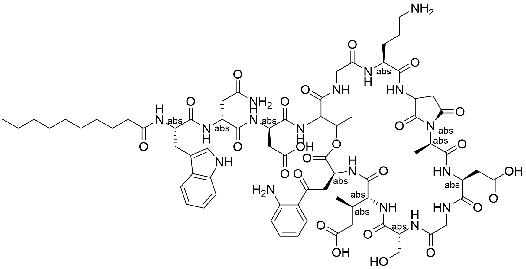 Chemical structure of Asp7-dehydrate Daptomycin , AChemBlock AD280011