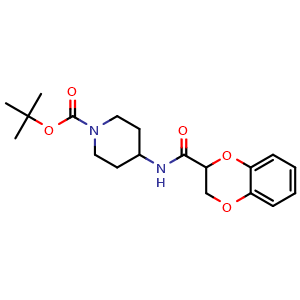 Chemical structure of 4-[(2,3-Dihydro-benzo[1,4]dioxine-2-carbonyl)-amino]-piperidine-1-carboxylic acid tert-butyl ester , CAS 1241231-81-1, AChemBlock AD280061
