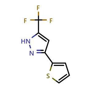 Chemical structure of 3-(Thiophen-2-yl)-5-(trifluoromethyl)-1H-pyrazole , CAS 128228-96-6, AChemBlock AD280081