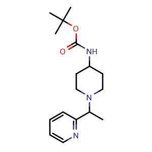 Chemical structure of [1-(1-Pyridin-2-yl-ethyl)-piperidin-4-yl]-carbamic acid tert-butyl ester , CAS 1289384-71-9, AChemBlock AD280083