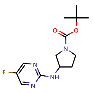 Chemical structure of 3-(5-Fluoro-pyrimidin-2-ylamino)-pyrrolidine-1-carboxylic acid tert-butyl ester , CAS 1289385-93-8, AChemBlock AD280084