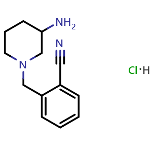 Chemical structure of 2-(3-Amino-piperidin-1-ylmethyl)-benzonitrile hydrochloride , CAS 1289388-32-4, AChemBlock AD280087