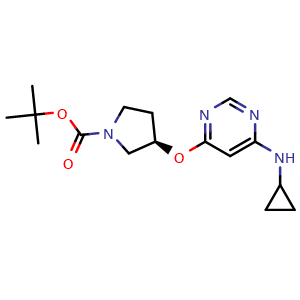 Chemical structure of (R)-tert-Butyl 3-((6-(cyclopropylamino)pyrimidin-4-yl)oxy)pyrrolidine-1-carboxylate , CAS 1417789-30-0, AChemBlock AD280105