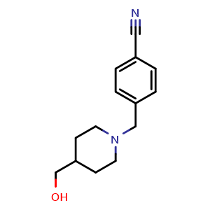 Chemical structure of 4-(4-Hydroxymethyl-piperidin-1-ylmethyl)-benzonitrile , CAS 180847-37-4, AChemBlock AD280120