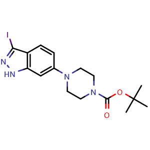 Chemical structure of tert-Butyl 4-(3-iodo-1H-indazol-6-yl)piperazine-1-carboxylate , CAS 744219-44-1, AChemBlock AD280209