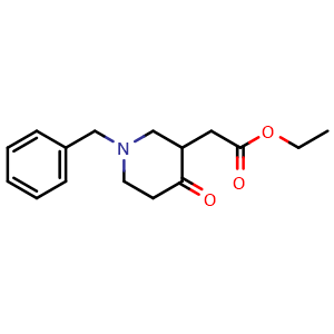 Chemical structure of Ethyl (1-benzyl-4-oxo-3-piperidinyl)acetate , CAS 6947-75-7, AChemBlock AD280234