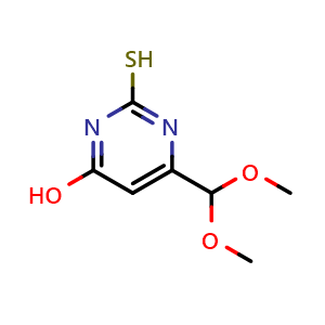 Chemical structure of 6-(Dimethoxymethyl)-2-mercaptopyrimidin-4-ol , CAS 90370-38-0, AChemBlock AD280254