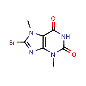 Chemical structure of 8-Bromo-3,7-dimethyl-1H-purine-2,6(3H,7H)-dione , CAS 15371-15-0, AChemBlock AD280293