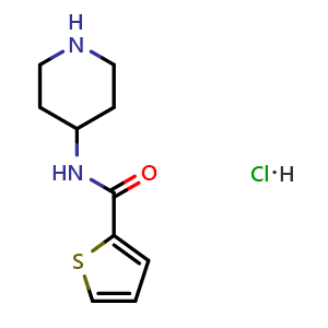Chemical structure of Thiophene-2-carboxylic acid piperidin-4-ylamide hydrochloride , CAS 1211130-98-1, AChemBlock AD280321