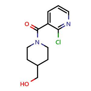 Chemical structure of (2-Chloro-pyridin-3-yl)-(4-hydroxymethyl-piperidin-1-yl)-methanone , CAS 1094301-19-5, AChemBlock AD280323