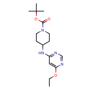 Chemical structure of 4-(6-Ethoxy-pyrimidin-4-ylamino)-piperidine-1-carboxylic acid tert-butyl ester , CAS 1353955-09-5, AChemBlock AD280351