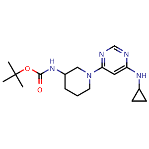 Chemical structure of [1-(6-Cyclopropylamino-pyrimidin-4-yl)-piperidin-3-yl]-carbamic acid tert-butyl ester , CAS 1353972-89-0, AChemBlock AD280352