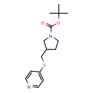 Chemical structure of 3-(Pyridin-4-ylsulfanylmethyl)-pyrrolidine-1-carboxylic acid tert-butyl ester , CAS 1353977-06-6, AChemBlock AD280354