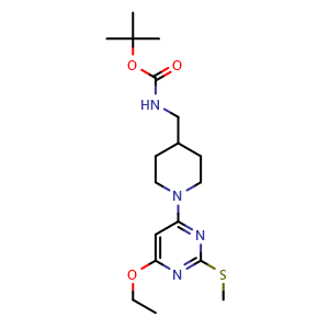 Chemical structure of [1-(6-Ethoxy-2-methylsulfanyl-pyrimidin-4-yl)-piperidin-4-ylmethyl]-carbamic acid tert-butyl ester , CAS 1353958-12-9, AChemBlock AD280355