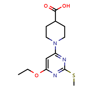 Chemical structure of 1-(6-Ethoxy-2-methylsulfanyl-pyrimidin-4-yl)-piperidine-4-carboxylic acid , CAS 1353985-26-8, AChemBlock AD280358