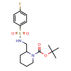 Chemical structure of 2-[(4-Fluoro-benzenesulfonylamino)-methyl]-piperidine-1-carboxylic acid tert-butyl ester , CAS 1353980-93-4, AChemBlock AD280360