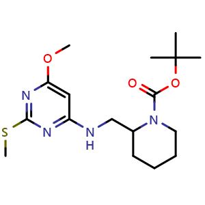 Chemical structure of 2-[(6-Methoxy-2-methylsulfanyl-pyrimidin-4-ylamino)-methyl]-piperidine-1-carboxylic acid tert-butyl ester , CAS 1353954-14-9, AChemBlock AD280361