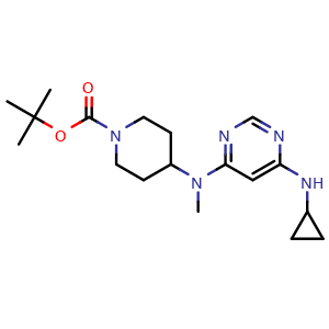 Chemical structure of 4-[(6-Cyclopropylamino-pyrimidin-4-yl)-methyl-amino]-piperidine-1-carboxylic acid tert-butyl ester , CAS 1353974-36-3, AChemBlock AD280362
