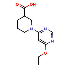 Chemical structure of 1-(6-Ethoxy-pyrimidin-4-yl)-piperidine-3-carboxylic acid , CAS 1353984-32-3, AChemBlock AD280364