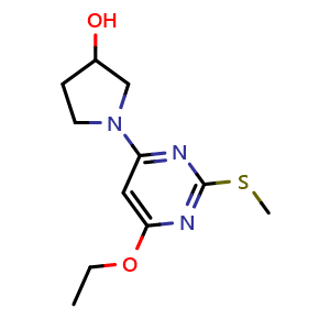 Chemical structure of 1-(6-Ethoxy-2-methylsulfanyl-pyrimidin-4-yl)-pyrrolidin-3-ol , CAS 1353974-51-2, AChemBlock AD280365