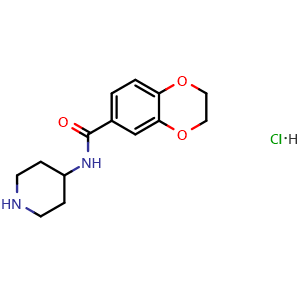 Chemical structure of 2,3-Dihydro-benzo[1,4]dioxine-6-carboxylic acid piperidin-4-ylamide hydrochloride , CAS 1353958-48-1, AChemBlock AD280371