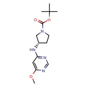 Chemical structure of (S)-3-(6-Methoxy-pyrimidin-4-ylamino)-pyrrolidine-1-carboxylic acid tert-butyl ester , CAS 1354010-22-2, AChemBlock AD280372