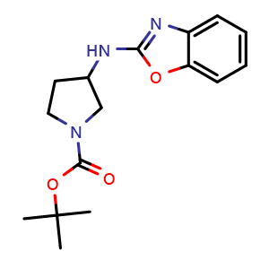 Chemical structure of 3-(Benzooxazol-2-ylamino)-pyrrolidine-1-carboxylic acid tert-butyl ester , CAS 1353958-77-6, AChemBlock AD280374
