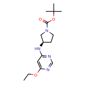 Chemical structure of (R)-3-(6-Ethoxy-pyrimidin-4-ylamino)-pyrrolidine-1-carboxylic acid tert-butyl ester , CAS 1354020-91-9, AChemBlock AD280375