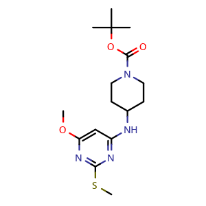 Chemical structure of 4-(6-Methoxy-2-methylsulfanyl-pyrimidin-4-ylamino)-piperidine-1-carboxylic acid tert-butyl ester , CAS 1353980-32-1, AChemBlock AD280376