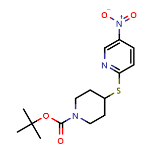Chemical structure of 4-(5-Nitro-pyridin-2-ylsulfanyl)-piperidine-1-carboxylic acid tert-butyl ester , CAS 1353981-45-9, AChemBlock AD280377