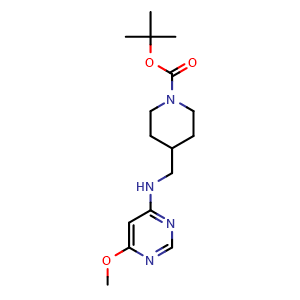 Chemical structure of 4-[(6-Methoxy-pyrimidin-4-ylamino)-methyl]-piperidine-1-carboxylic acid tert-butyl ester , CAS 1353980-28-5, AChemBlock AD280378