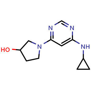 Chemical structure of 1-(6-Cyclopropylamino-pyrimidin-4-yl)-pyrrolidin-3-ol , CAS 1353974-11-4, AChemBlock AD280379