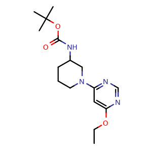 Chemical structure of [1-(6-Ethoxy-pyrimidin-4-yl)-piperidin-3-yl]-carbamic acid tert-butyl ester , CAS 1353954-53-6, AChemBlock AD280381