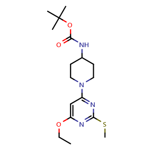 Chemical structure of [1-(6-Ethoxy-2-methylsulfanyl-pyrimidin-4-yl)-piperidin-4-yl]-carbamic acid tert-butyl ester , CAS 1353978-27-4, AChemBlock AD280382