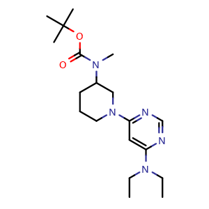Chemical structure of [1-(6-Diethylamino-pyrimidin-4-yl)-piperidin-3-yl]-methyl-carbamic acid tert-butyl ester , CAS 1353987-99-1, AChemBlock AD280383
