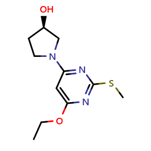 Chemical structure of (R)-1-(6-Ethoxy-2-methylsulfanyl-pyrimidin-4-yl)-pyrrolidin-3-ol , CAS 1354019-51-4, AChemBlock AD280384