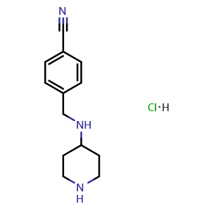 Chemical structure of 4-(Piperidin-4-ylaminomethyl)-benzonitrile hydrochloride , CAS 1353972-51-6, AChemBlock AD280386
