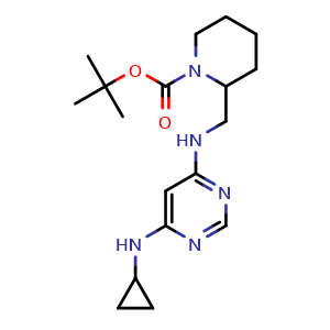 Chemical structure of 2-[(6-Cyclopropylamino-pyrimidin-4-ylamino)-methyl]-piperidine-1-carboxylic acid tert-butyl ester , CAS 1353956-33-8, AChemBlock AD280388