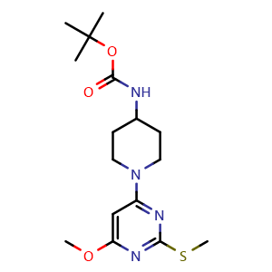 Chemical structure of [1-(6-Methoxy-2-methylsulfanyl-pyrimidin-4-yl)-piperidin-4-yl]-carbamic acid tert-butyl ester , CAS 1353946-56-1, AChemBlock AD280389