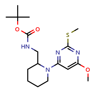 Chemical structure of [1-(6-Methoxy-2-methylsulfanyl-pyrimidin-4-yl)-piperidin-2-ylmethyl]-carbamic acid tert-butyl ester , CAS 1353947-50-8, AChemBlock AD280390