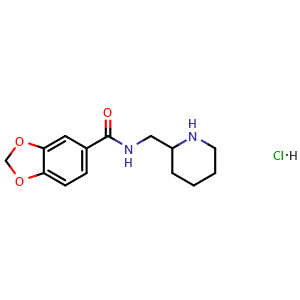 Chemical structure of Benzo[1,3]dioxole-5-carboxylic acid (piperidin-2-ylmethyl)-amide hydrochloride , CAS 1353980-62-7, AChemBlock AD280395