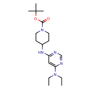 Chemical structure of 4-(6-Diethylamino-pyrimidin-4-ylamino)-piperidine-1-carboxylic acid tert-butyl ester , CAS 1353980-35-4, AChemBlock AD280396