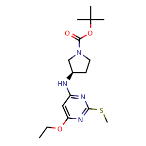 Chemical structure of (R)-3-(6-Ethoxy-2-methylsulfanyl-pyrimidin-4-ylamino)-pyrrolidine-1-carboxylic acid tert-butyl ester , CAS 1353999-98-0, AChemBlock AD280397