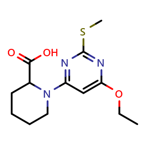 Chemical structure of 1-(6-Ethoxy-2-methylsulfanyl-pyrimidin-4-yl)-piperidine-2-carboxylic acid , CAS 1353945-33-1, AChemBlock AD280400