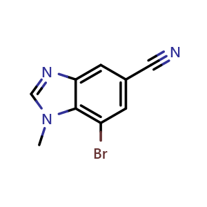 Chemical structure of 7-Bromo-1-methyl-1,3-benzodiazole-5-carbonitrile , CAS 1414029-13-2, AChemBlock AD280410