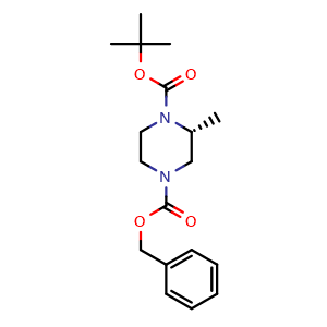 Chemical structure of (R)-4-Benzyl 1-tert-butyl 2-methylpiperazine-1,4-dicarboxylate , CAS 1217684-73-5, AChemBlock AD280414