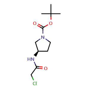 Chemical structure of (R)-3-(2-Chloro-acetylamino)-pyrrolidine-1-carboxylic acid tert-butyl ester , CAS 1353998-17-0, AChemBlock AD280431