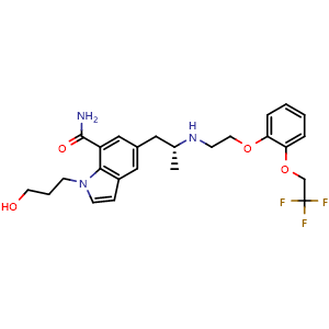 Chemical structure of 1-(3-Hydroxypropyl)-5-[(2R)-2-[[2-[2-(2,2,2-trifluoroethoxy)phenoxy]ethyl]amino]propyl]-1H-indole-7-carboxamide , CAS 175870-21-0, AChemBlock AD280434