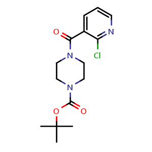 Chemical structure of 4-(2-Chloro-pyridine-3-carbonyl)-piperazine-1-carboxylic acid tert-butyl ester , CAS 551921-02-9, AChemBlock AD280539